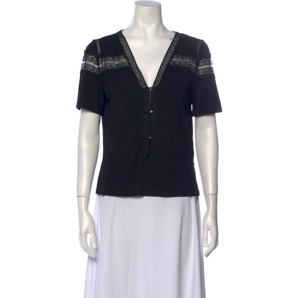 Black Lace-Trimmed Short Sleeve V-Neck Button-Front Top With Side Slits Womens S - Picture 1 of 11
